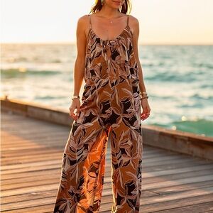 Elegant Brown Leaf Print Jumpsuit